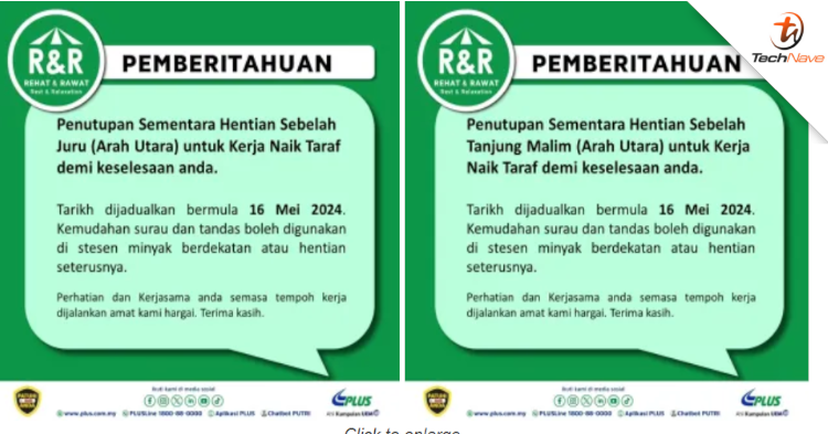 Juru and Tanjung Malim R&R are now closed for maintenance