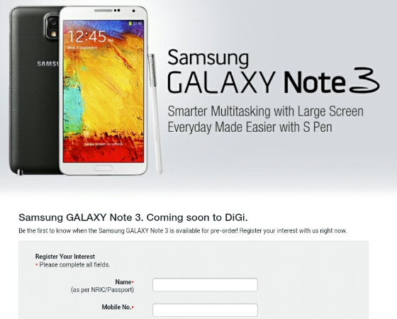 Pre-register for the Samsung Galaxy Note 3 at DiGi