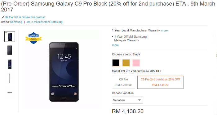 Official Samsung Galaxy C9 Pro currently on pre-order for Malaysia, coming on 9 March 2017?