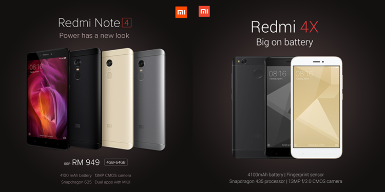 Xiaomi Malaysia announced the arrival of Redmi Note 4 (4GB + 64GB variant) and Redmi 4X for RM949 and RM679