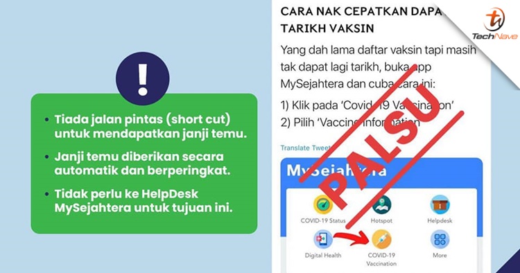 The COVID-19 vaccine appointment shortcut on the MySejahtera app is fake news