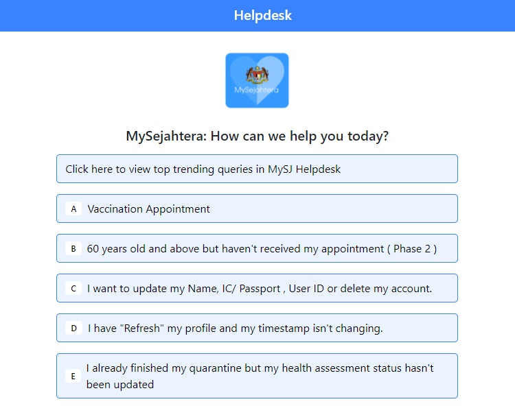 Mysejahtera helpdesk phone number