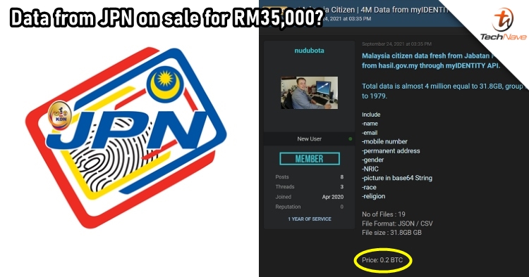 Personal data of Malaysian citizens from JPN are offered at ~RM35,000