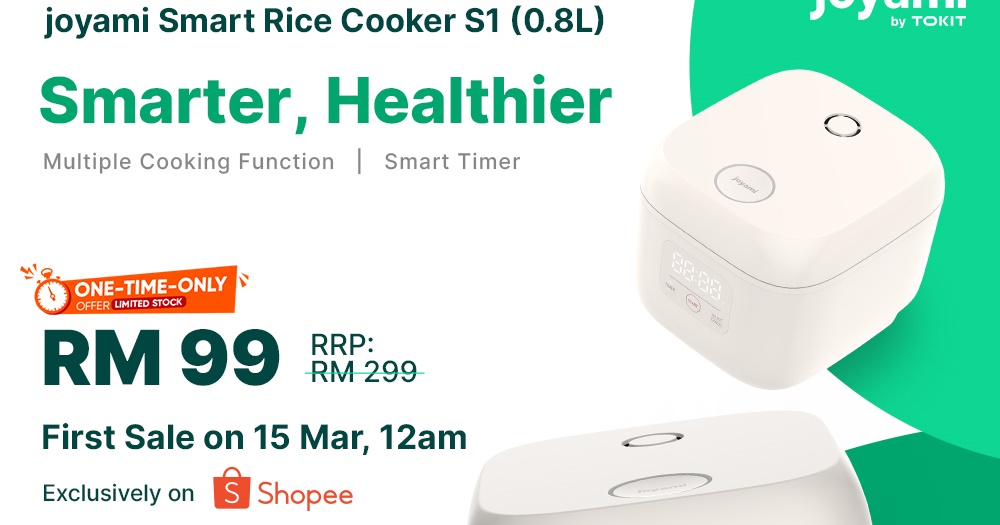 The joyami Smart Rice Cooker S1 will be priced at RM99 in Shopee's 3.15 Mega Sale at midnight later
