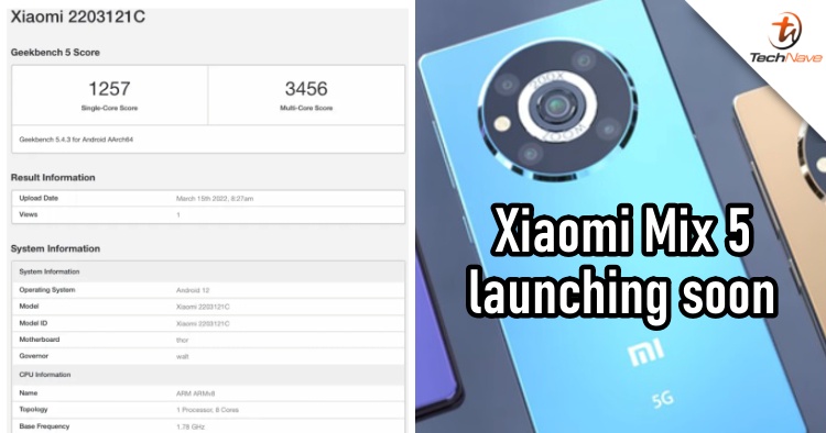 Xiaomi Mix 5 spotted on Geekbench 5 with Snapdragon 8 Gen 1 SoC, launch imminent?
