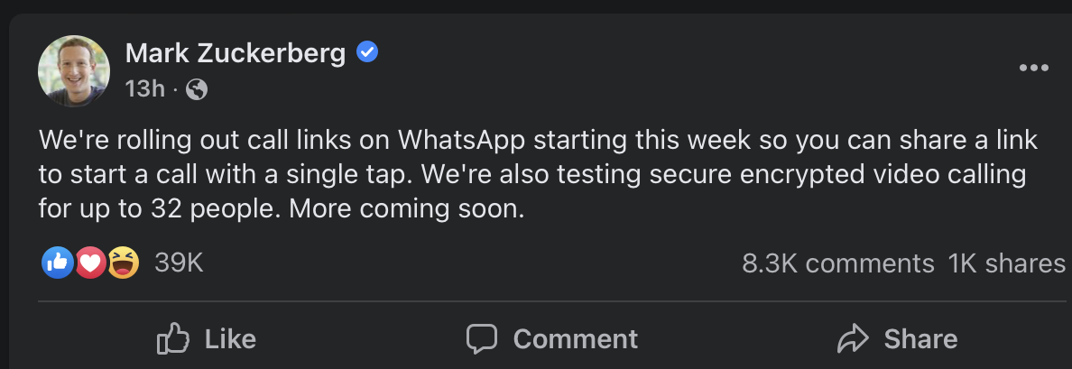 WhatsApp is rolling out sharable call links feature