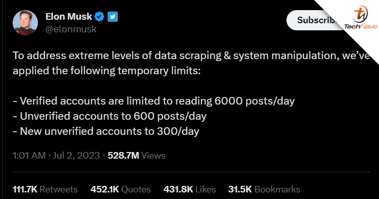 Elon Musk limits tweet post reading per day temporarily
