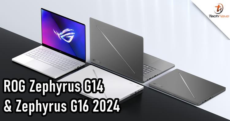 Two Zephyrus G14 laptops and two Zephyrus G16 laptops, with one each in Eclipse Gray and Platinum White, back to back and separated by a gray and white background.png