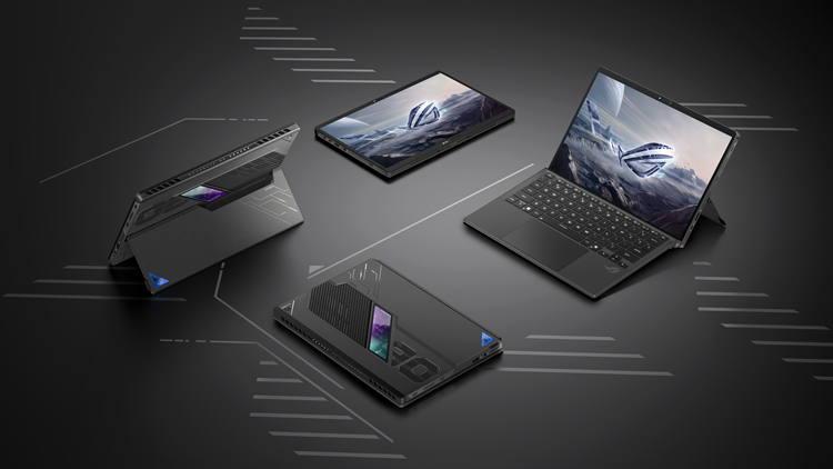 02_Four ROG Flow Z13 displayed in four configurations, tablet, laptop and kickstand modes highlighting its versatile design and futuristic screen.png