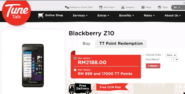 TuneTalk Offers BlackBerry Z10 for RM999 and TT Points