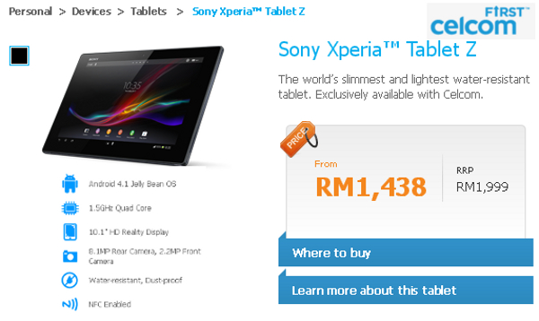 Celcom Offers LTE Sony Xperia Tablet Z, Starting From RM1438, 3G-version at RM1499