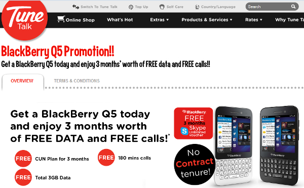 TuneTalk Offers BlackBerry Q5 on no contract