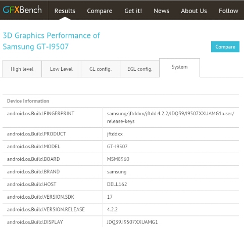 Samsung Galaxy S4 I9507 with Snapdragon 600 found on GFXBench