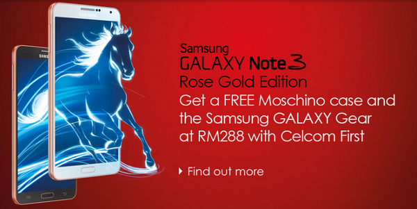 Celcom offers Samsung Galaxy Note 3 Rose Gold Edition + free case + cheaper Galaxy Gear from RM1538