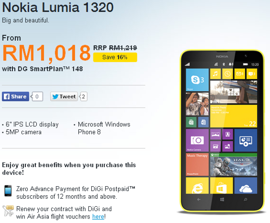 DiGi offers Nokia Lumia 1320 at zero contract from RM1018