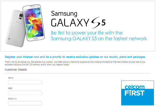 Celcom's Samsung Galaxy S5 registration of interest page is up