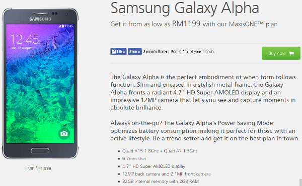 Maxis now offers Samsung Galaxy Alpha from RM1199