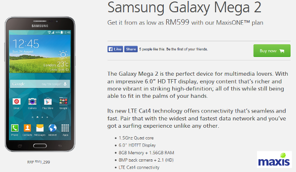 Samsung Galaxy Mega 2 available at Maxis from RM599