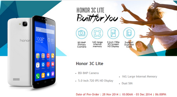 Huawei Honor 3C Lite Preorder starting 28 November 2014 at RM399