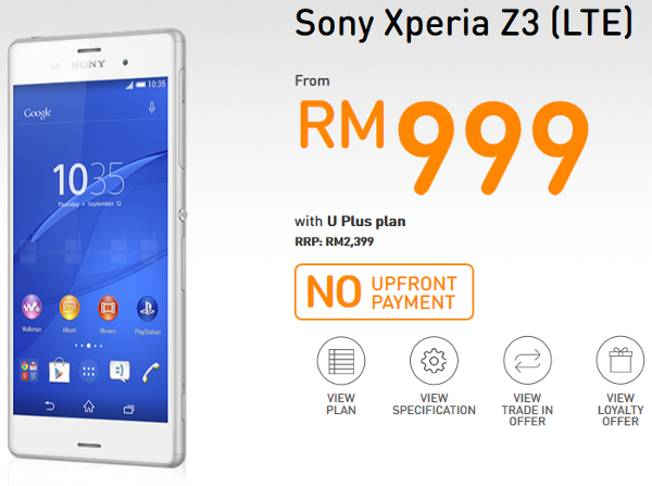 Sony Xperia Z3 going from RM999 at U Mobile with no upfront payment