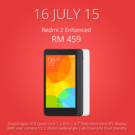 Xiaomi Redmi 2 Enhanced with 2GB RAM coming to Malaysia on 16 July 2015 for RM459