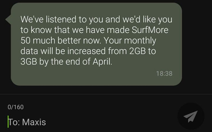 Maxis do listen and will be bringing upgrades for SurfMore50 plan monthly quota from 2GB to 3GB