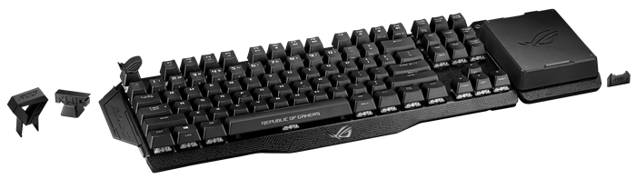 ROG Claymore with 3D-printed keycaps, keycap puller, protective covers for the side panels, and the dust cover for numeric keypad.png