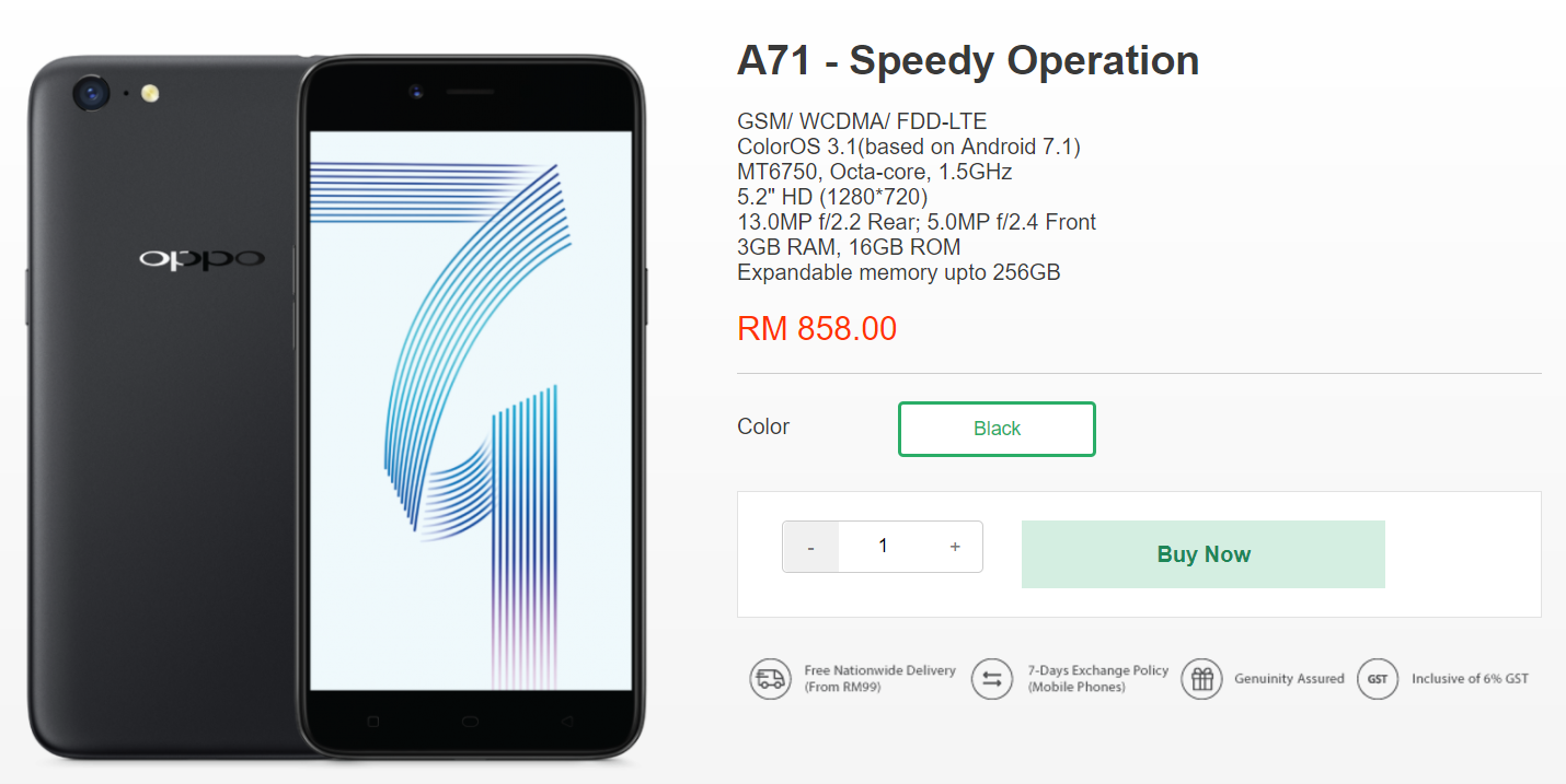 n processor is available officially OPPO in A71 Malaysia OPPO now