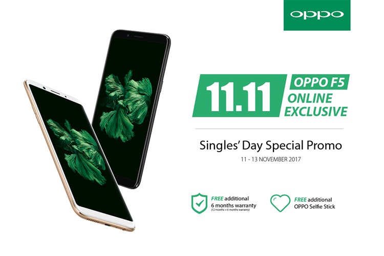 OPPO Malaysia giving free additional 6 months warranty + selfie stick for every OPPO F5 purchase on Singles' Day promo