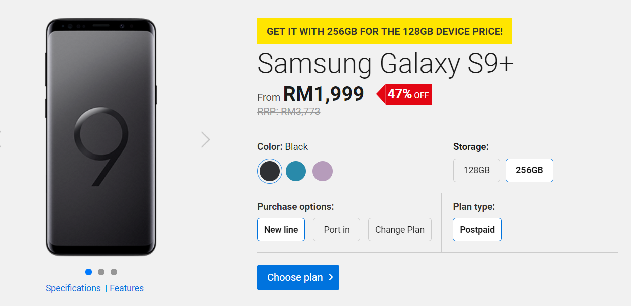 Digi now offering the Samsung Galaxy S9+ 256GB model device for just RM1999 only