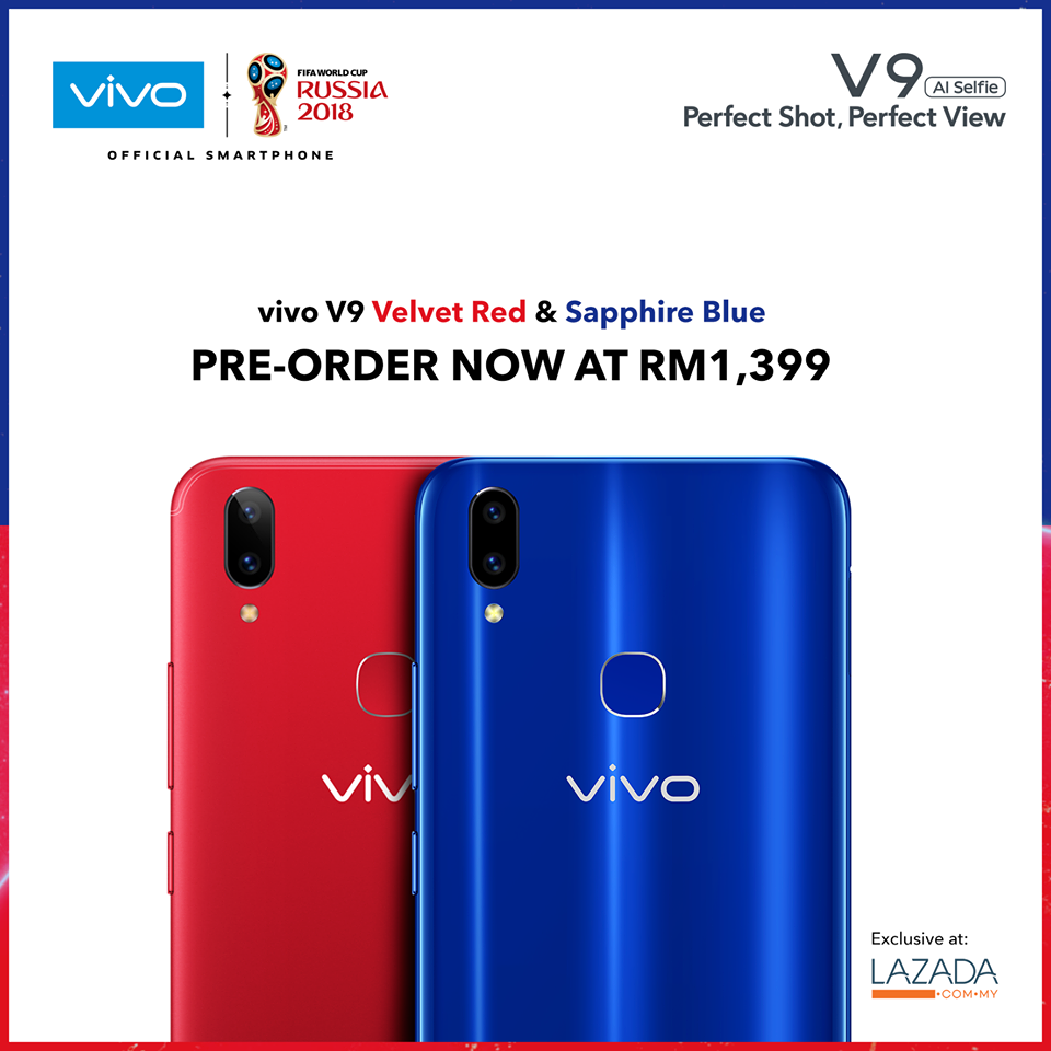 Sapphire Blue and Velvet Red vivo V9  pre-order now available for RM1399 + freebie gift box