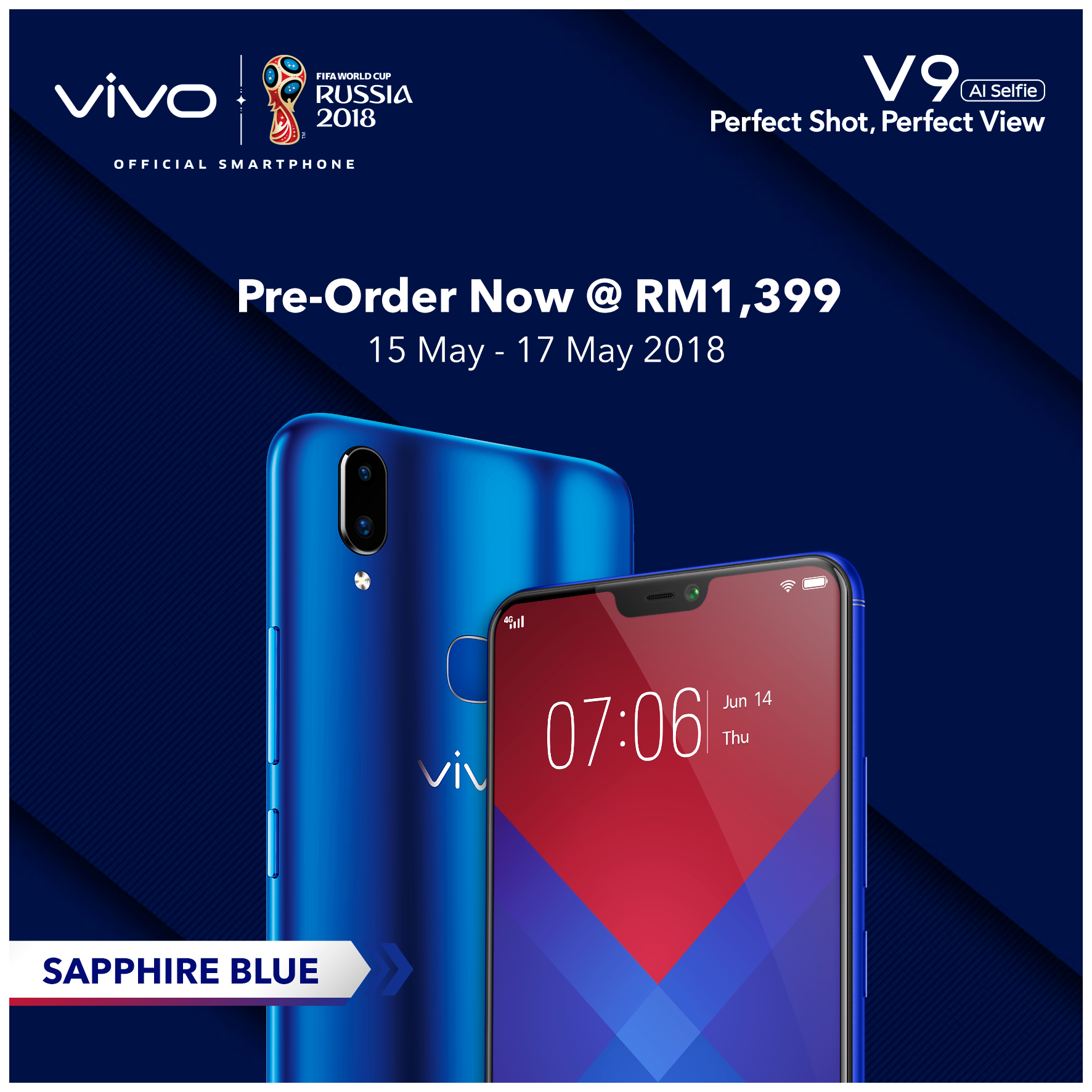 vivo Malaysia changed the pre-order date for V9 Sapphire Blue to 15 - 17 May 2018