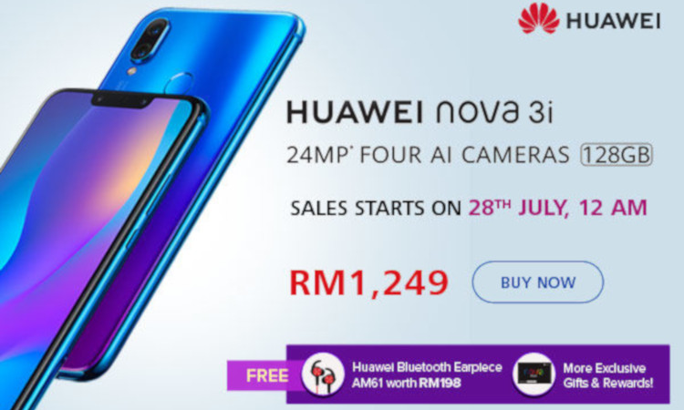 Get the Huawei Nova 3i and get a free Huawei Bluetooth Earpiece and more starting 28 July 2018