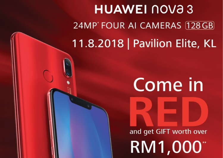 Huawei wants you to come in RED for the Huawei nova 3 this Saturday to get over RM1000 in gifts