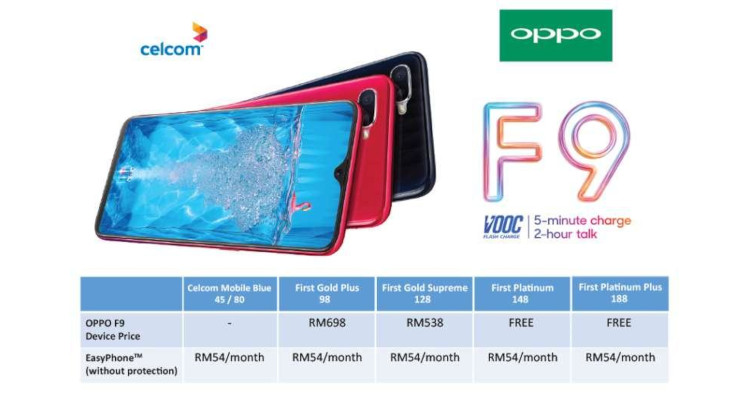 Get an OPPO F9 for free when signing up with Celcom's First Platinum 148 or First Platinum 188 plan