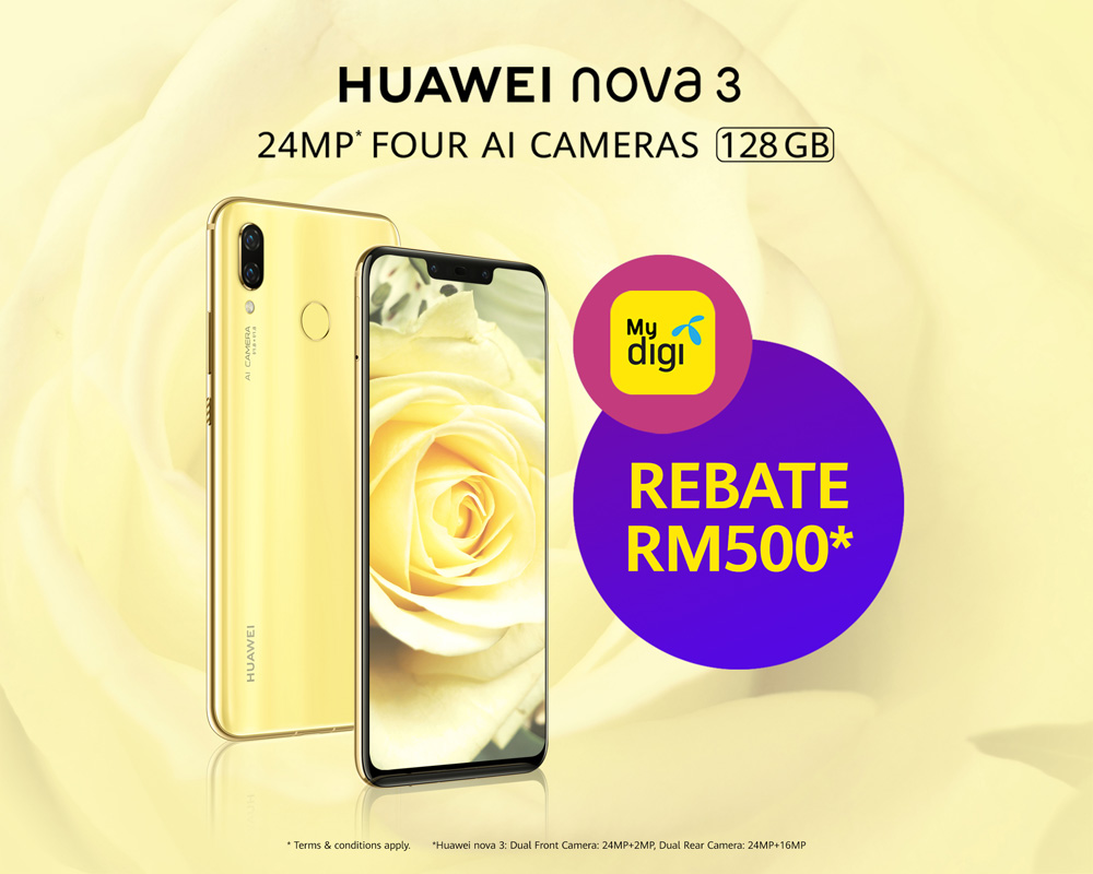 Grab a free cash voucher of up to RM500 to purchase a Huawei Nova 3 Red or Primrose Gold