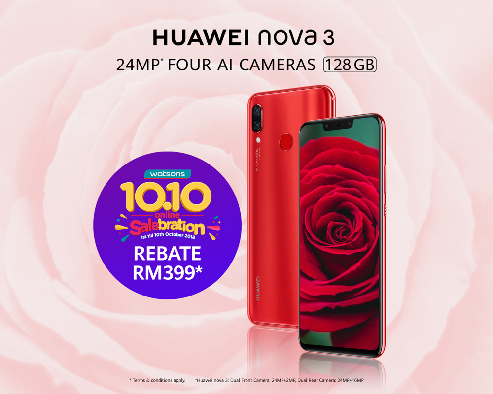 Grab a free cash voucher of up to RM500 to purchase a Huawei Nova 3 Red