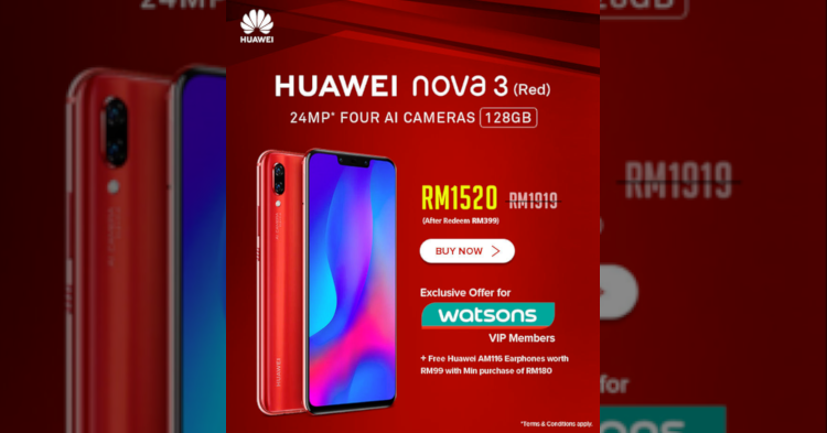Get RM399 off the Huawei Nova 3 when you make purchases on Watsons