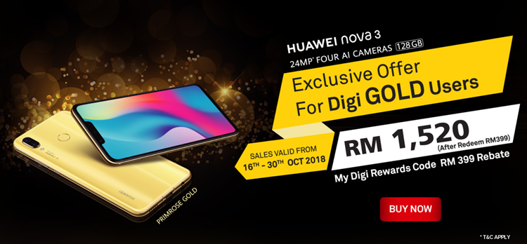 Get the Huawei Nova 3 at RM1520 only with Digi's voucher code