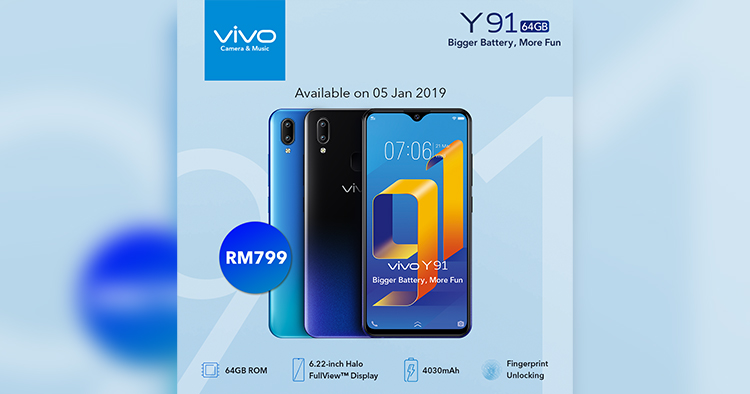 The vivo Y91 smartphone to hit Malaysian markets on the 5th of January for RM799