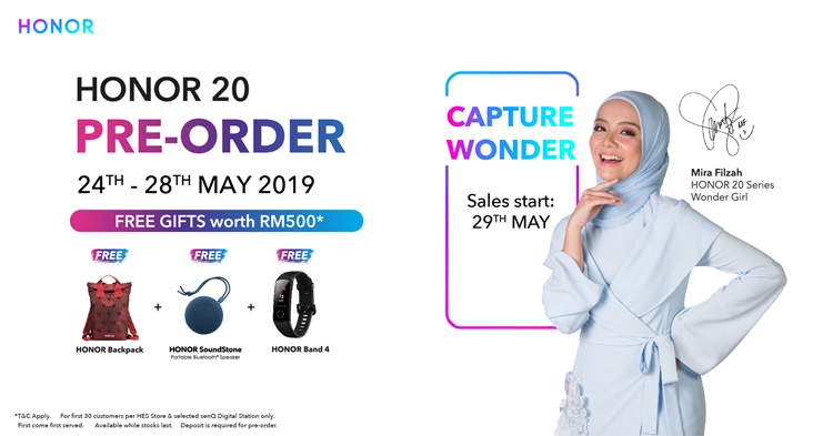 HONOR 20 pre-order will begin on 24 May 2019 with a backpack, SoundStone and Band 4 as freebies