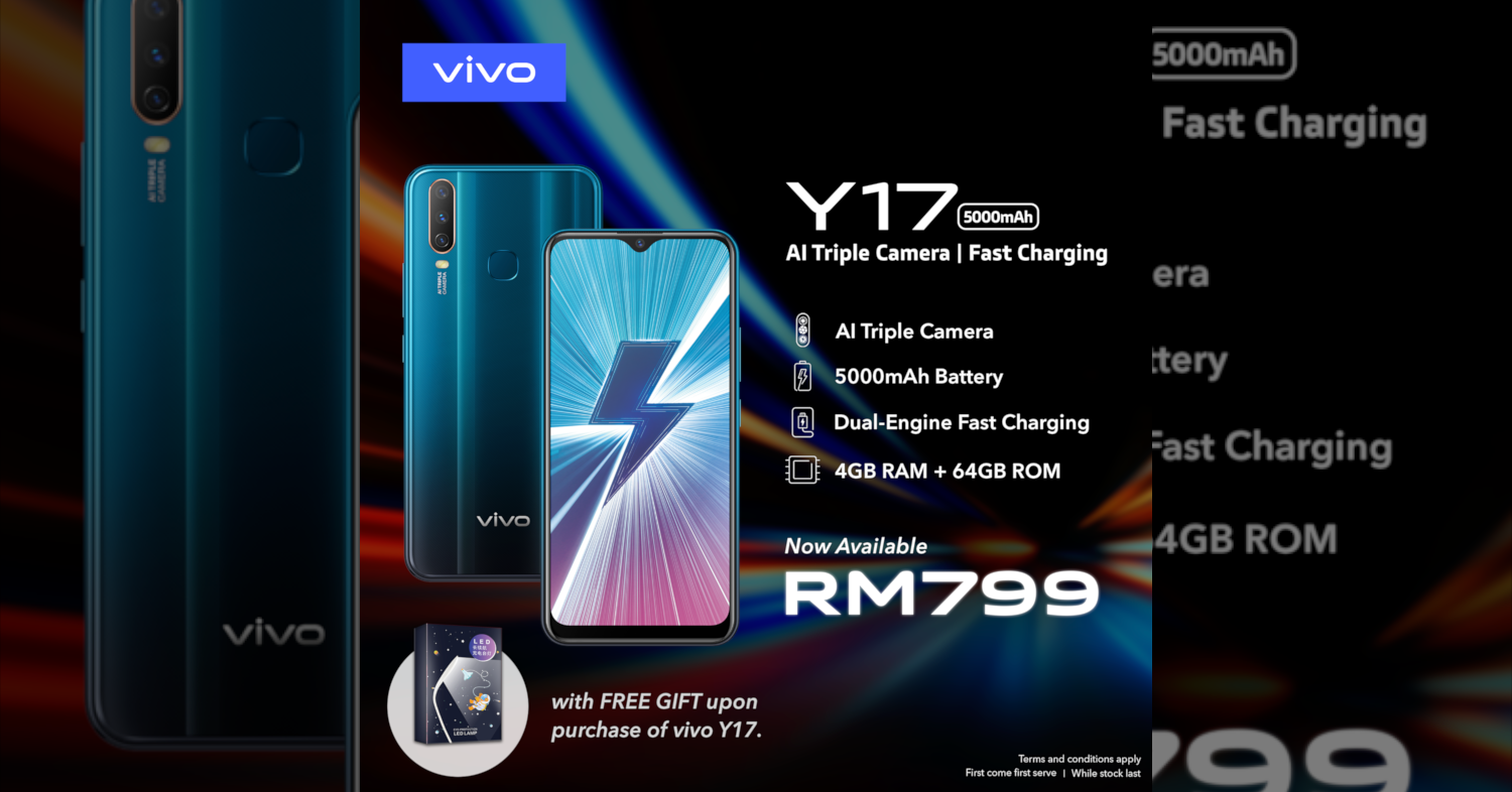 Vivo Y17 with 5000mAh battery with 4GB RAM 64GB ROM is officially available from RM799 in Malaysia